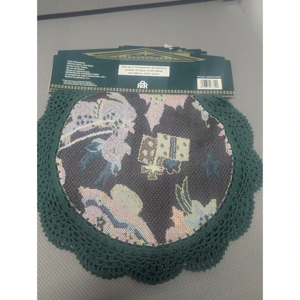 Set of 2 Vintage Christmas Tapestry Doilies Green Crochet Lace 14